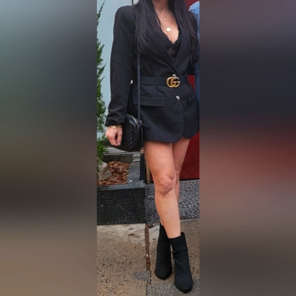 Black Women's Single-Breasted Blazer Jacket with Gold Buckle Detail